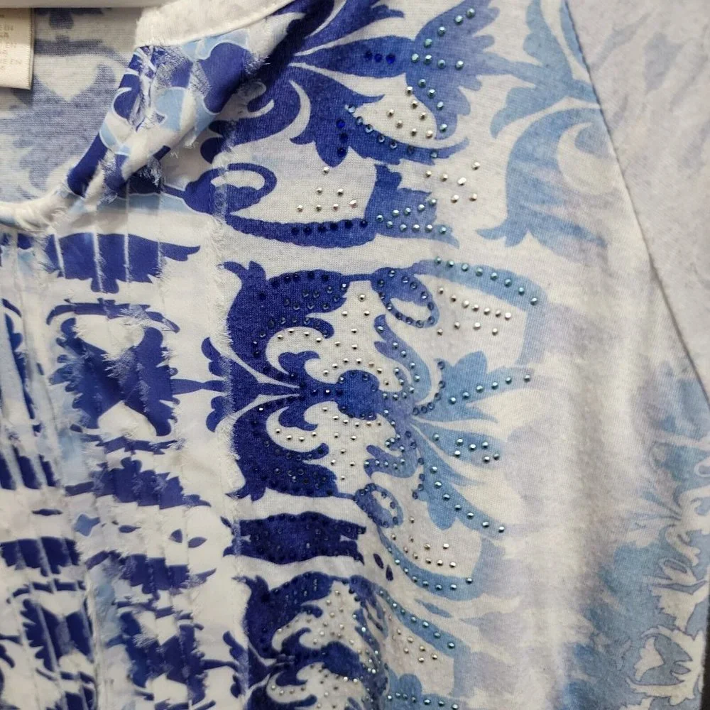 Chico's Women's 3/4 Sleeve’s‎ Embellished Tie Front Blouse Top Blue Size 2 (L)